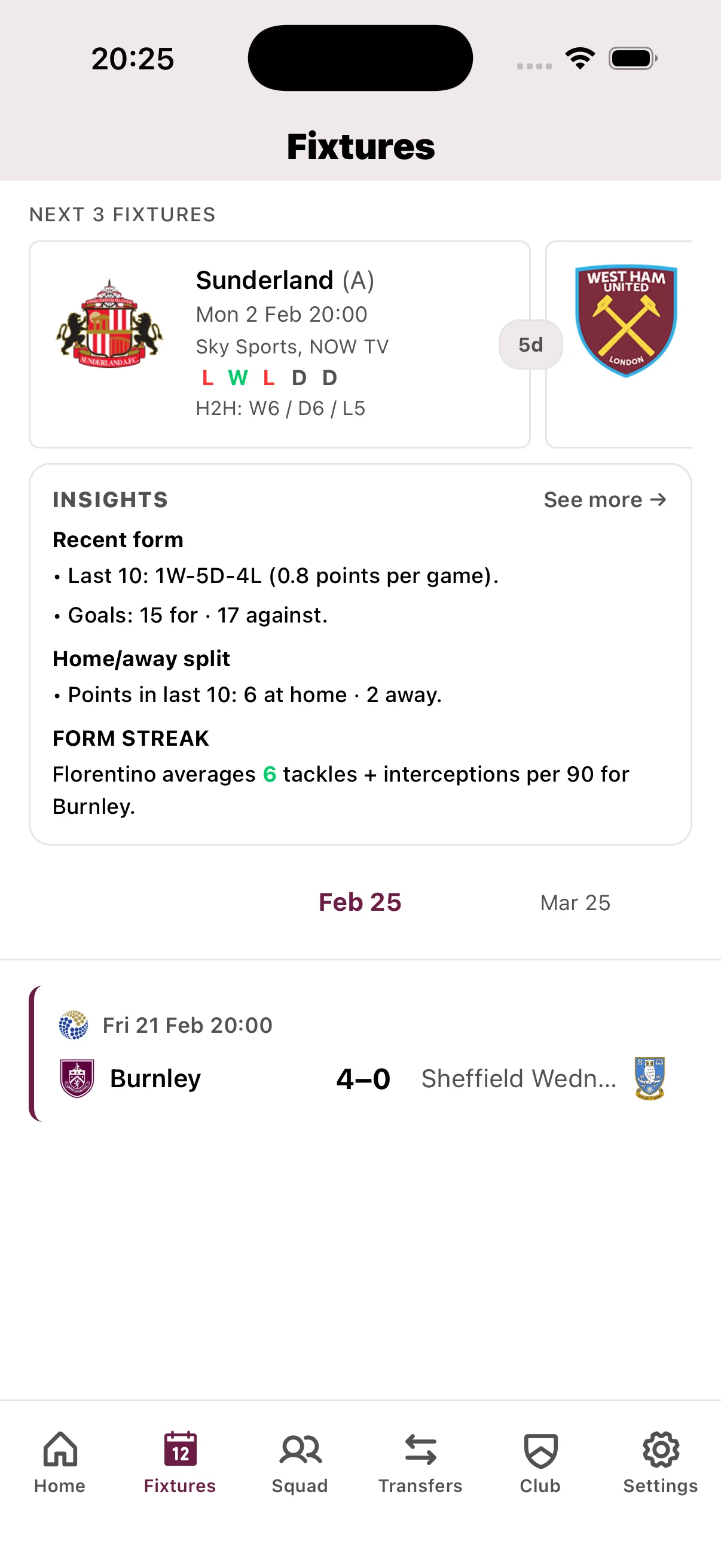 Burnley fixture calendar showing Premier League matches, kickoff times, and TV broadcast schedules