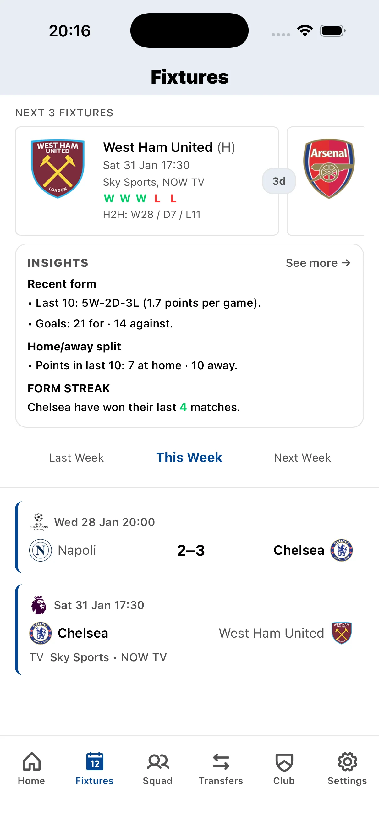 Chelsea fixture calendar showing Premier League matches, kickoff times, and TV broadcast schedules