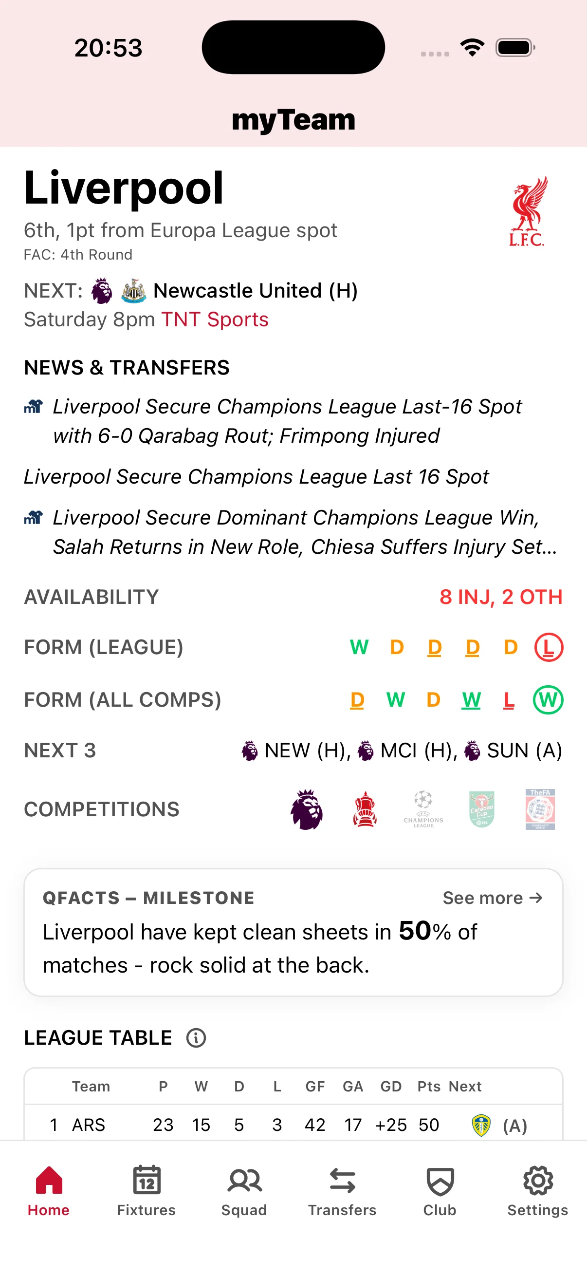 myTeam app Liverpool home screen with live scores, upcoming fixtures, squad news, and transfer updates