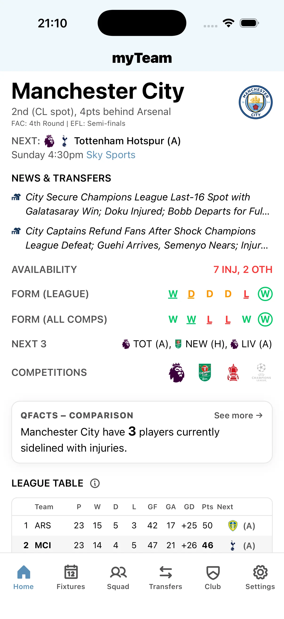 myTeam app Manchester City home screen with live scores, upcoming fixtures, squad news, and transfer updates