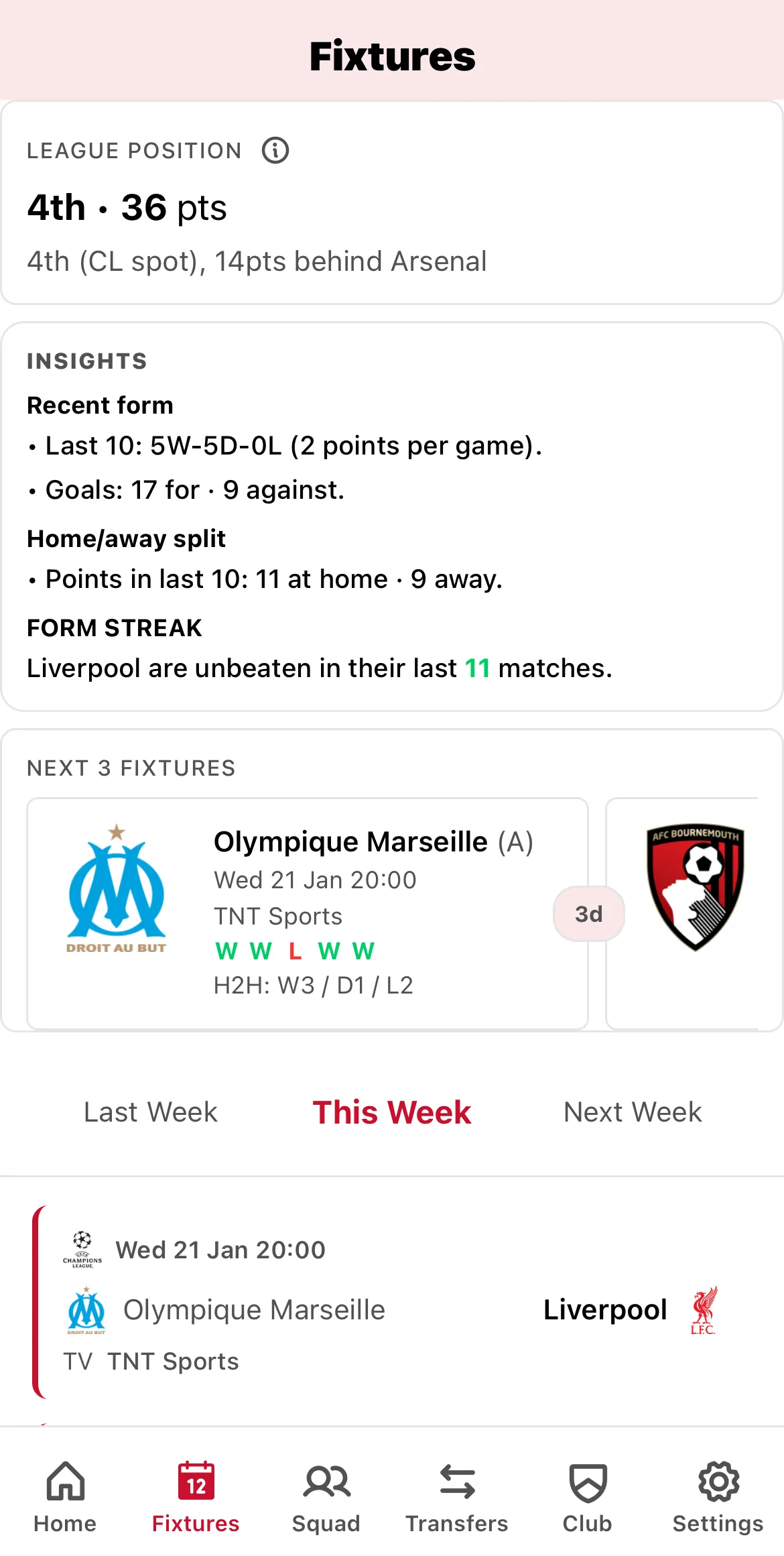 Premier League fixtures calendar showing upcoming matches, kickoff times, and TV broadcast information