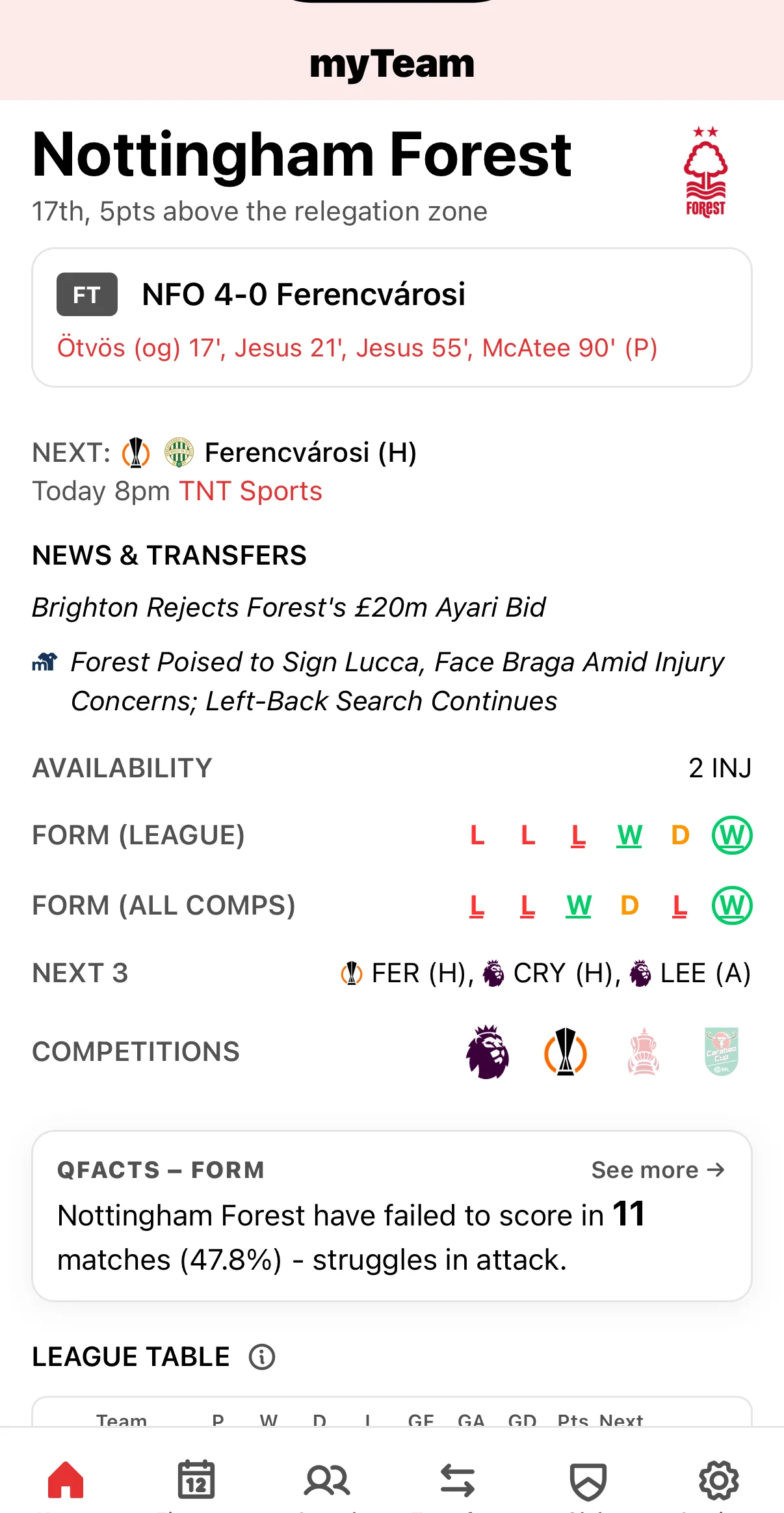 myTeam app home screen showing Premier League team dashboard with fixtures, news, and squad updates