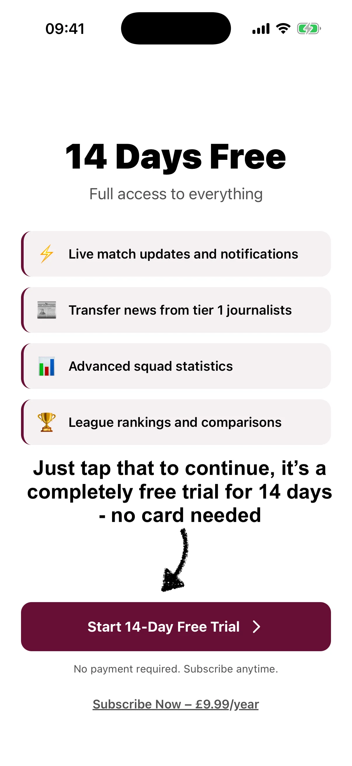 Screenshot showing the 14-day free trial screen with 'Start 14-Day Free Trial' button