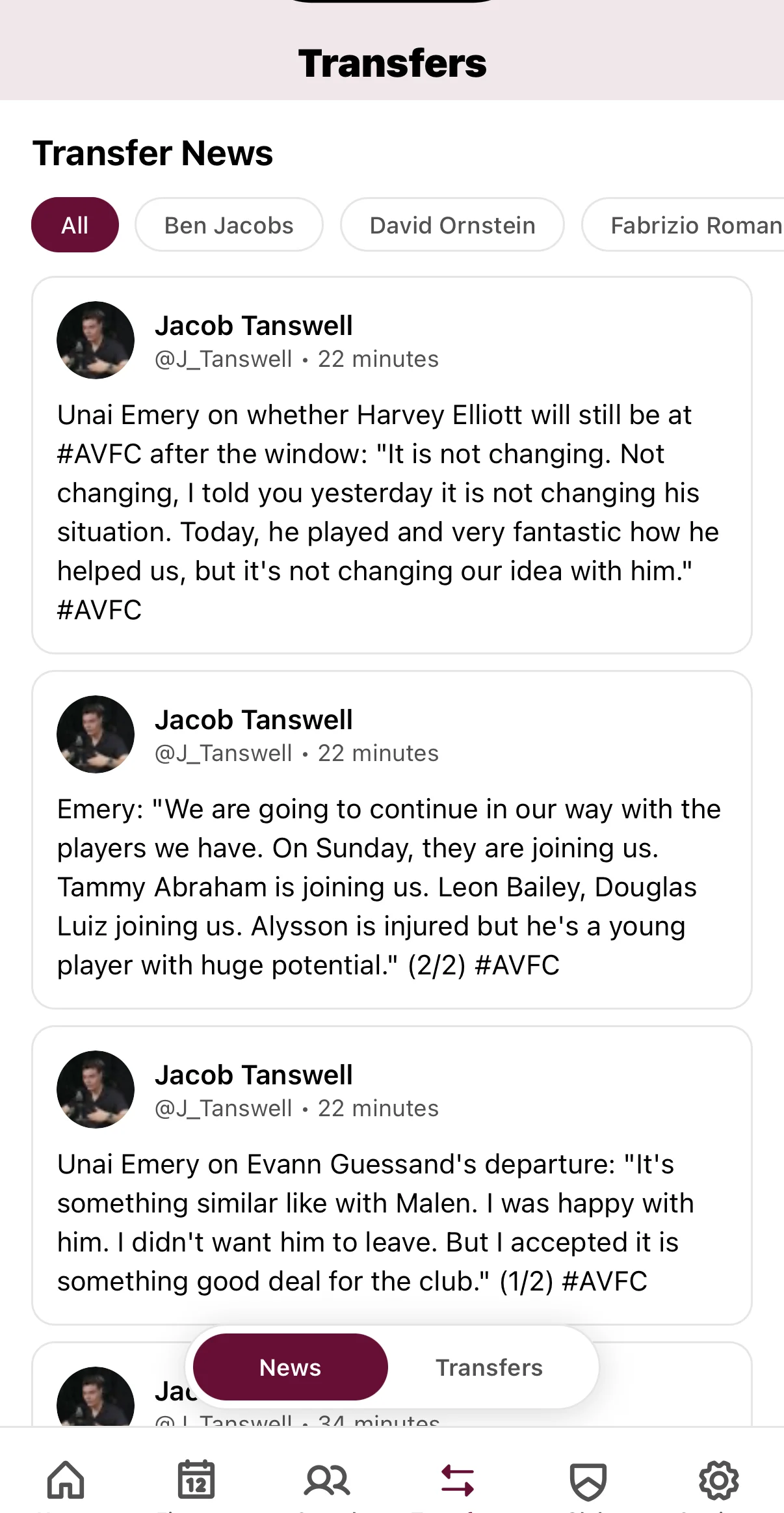 Transfer window activity showing completed signings, rumours from tier 1 journalists, and contract extensions